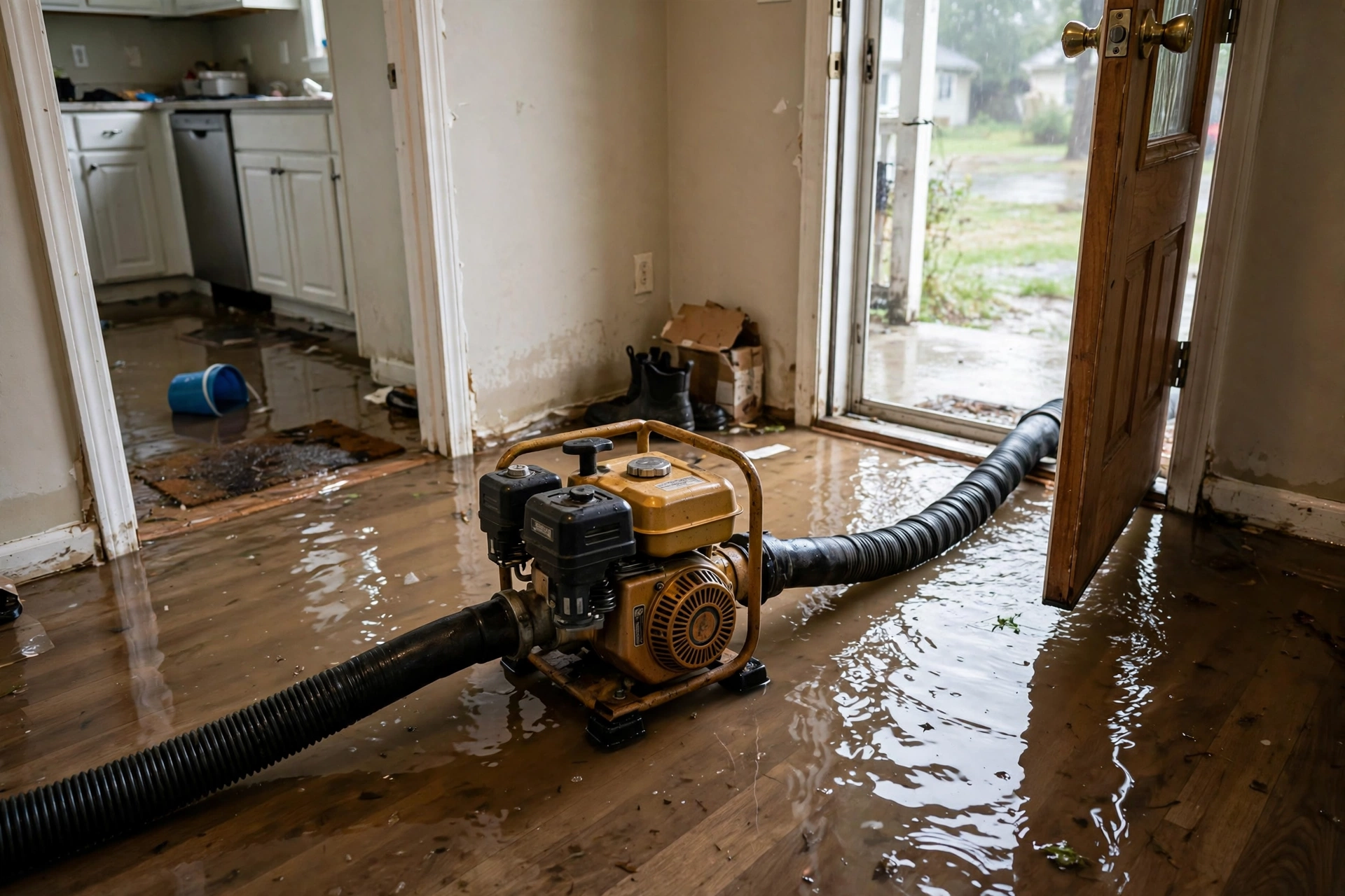 Water damage restoration in Florida Panhandle, Florida - flood water pump extraction