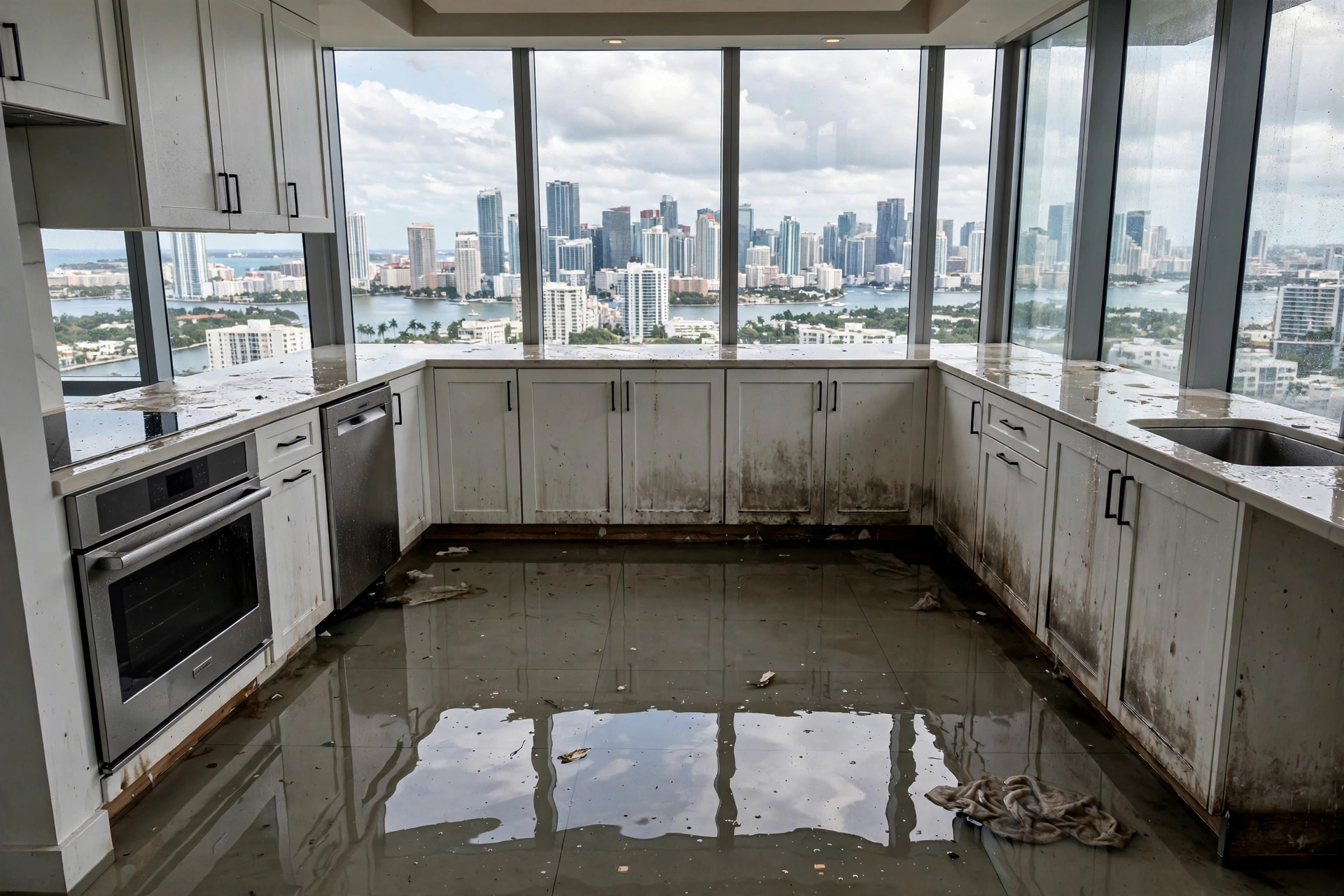 Before: flooded condo kitchen in Miami with standing water on the floor - DryOut Inc water damage project