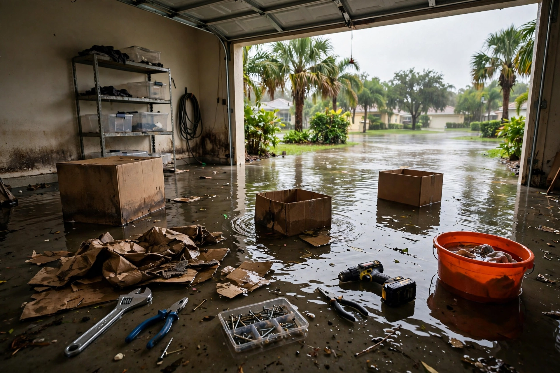 Before: flooded garage in a Tampa home after storm water entry - DryOut Inc water damage project