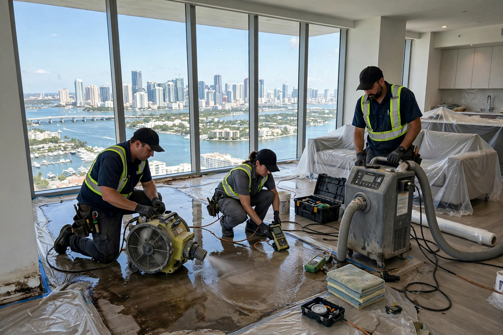 Water damage restoration underway in a Miami condo after a plumbing leak