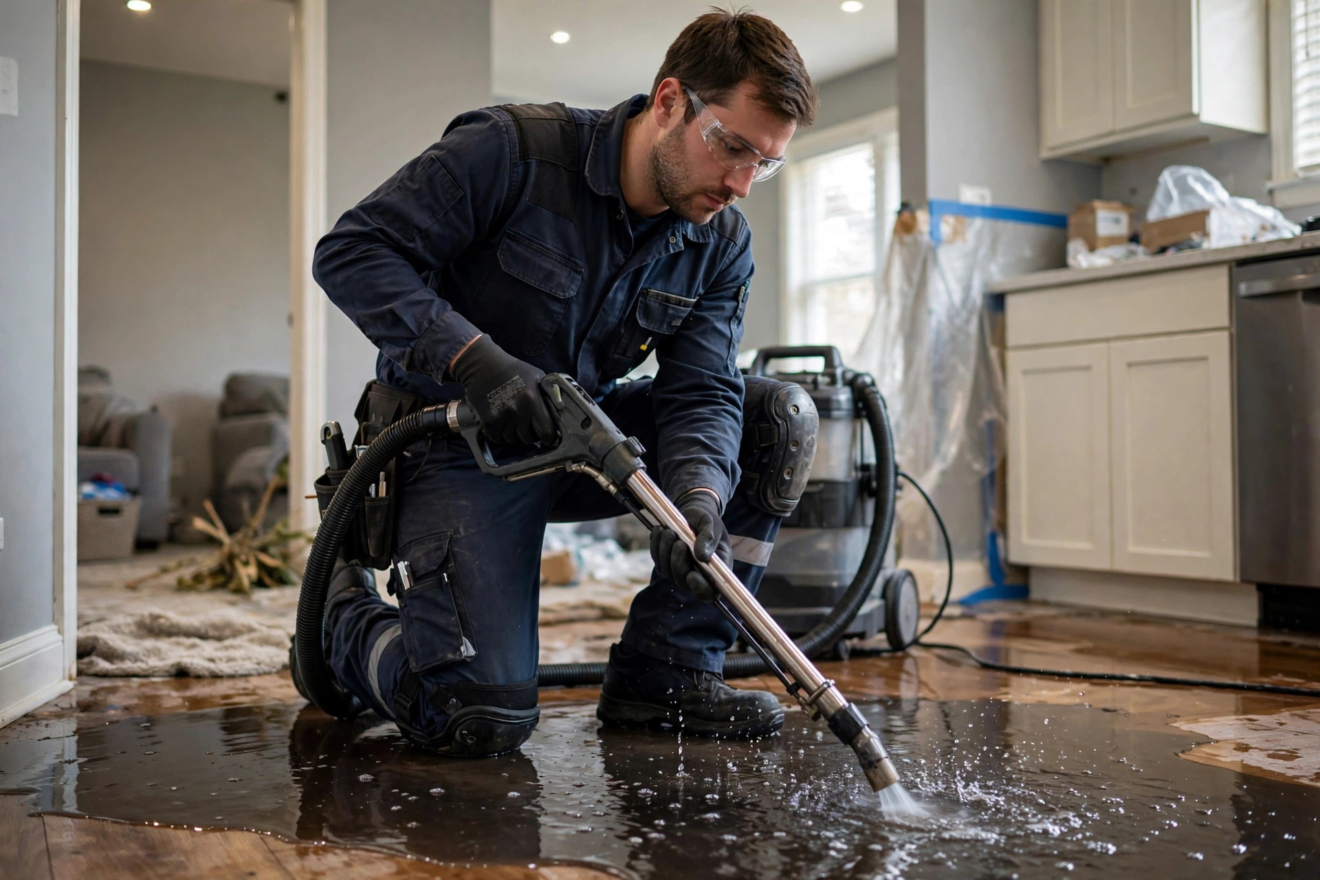 Emergency water extraction in a flooded living room - DryOut Inc water damage project Florida